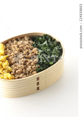 白色背景下拍攝的三色便當盒,內有雞蛋、肉和菠菜 白色背景下拍攝的三色便當盒,內有雞蛋、肉和菠菜 124838603