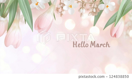 Pink tulips and bokeh light background with hello march text for spring 124838850