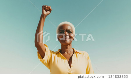 Black mature woman outdoors with raised fist of empowerment, strength and women solidarity, International Womens Day, Black History Month concept 124838863