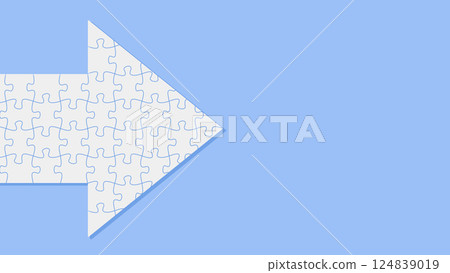 Jigsaw puzzle pieces forming an arrow, symbolizing direction, strategy, and problem-solving. Banner with copy space and blue background. Perfect for business, teamwork, and goal-oriented concepts. Jigsaw puzzle pieces forming an arrow, symbolizing direction, strategy, and problem-solving. Banner with copy space and blue background. Perfect for business, teamwork, and goal-oriented concepts. 124839019