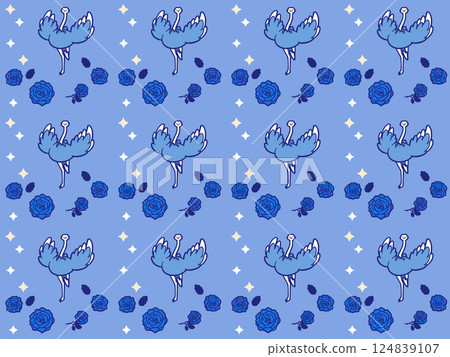 一隻展翅奔跑的鴕鳥和背景為藍色玫瑰的圖案插圖 一隻展翅奔跑的鴕鳥和背景為藍色玫瑰的圖案插圖 124839107