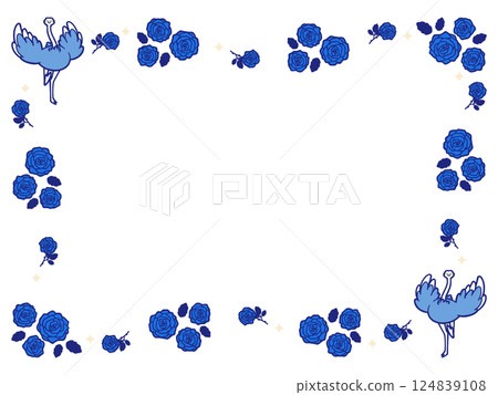 Frame illustration of an ostrich running with its wings spread and a blue rose Frame illustration of an ostrich running with its wings spread and a blue rose 124839108