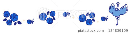 Line illustration of an ostrich running with its wings spread and a blue rose 124839109