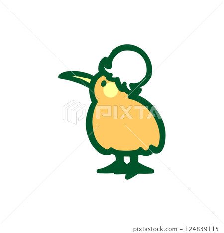 Color illustration of a sideways kiwi wearing a lily of the valley hat 124839115