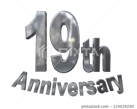 3DCG 字母“19 週年/19 週年紀念標誌閃光”銀色，銀色 124839280