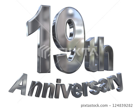 3DCG 字母“19 週年/19 週年紀念標誌閃光”銀色,銀色 3DCG 字母“19 週年/19 週年紀念標誌閃光”銀色,銀色 124839282