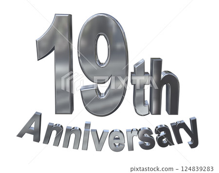 3DCG 字母“19 週年/19 週年紀念標誌閃光”銀色，銀色 124839283