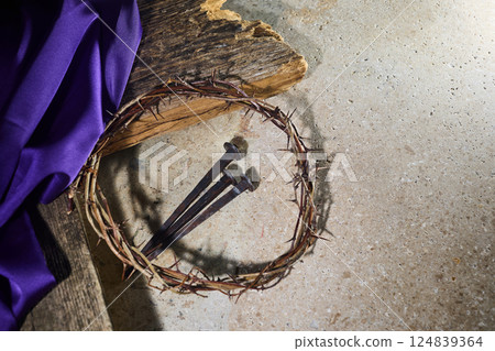 A crown of thorns and three nails A crown of thorns and three nails 124839364