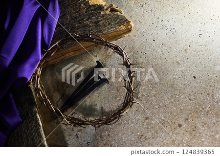 A crown of thorns and three nails A crown of thorns and three nails 124839365