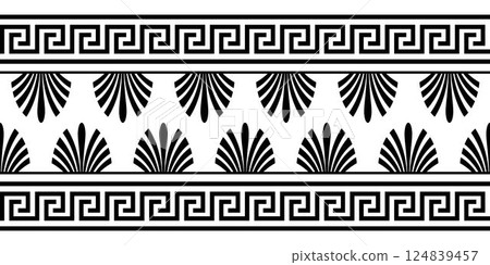 Vector black seamless classic greek ornament. Greek floral meander, key meander. Endless European pattern border. Border Ancient Greece, Roman Empire. For textile, engraving, embroidery, porcelain Vector black seamless classic greek ornament. Greek floral meander, key meander. Endless European pattern border. Border Ancient Greece, Roman Empire. For textile, engraving, embroidery, porcelain 124839457