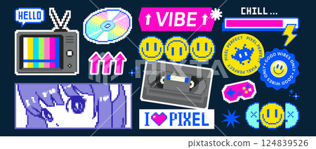 Y2k pixel stickers set isolated on background 124839526