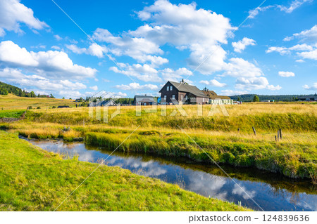 Jizerka village showcases its charming landscape, featuring a quaint house surrounded by lush greenery and a gentle stream reflecting the vibrant blue sky and fluffy clouds on a sunny day. 124839636