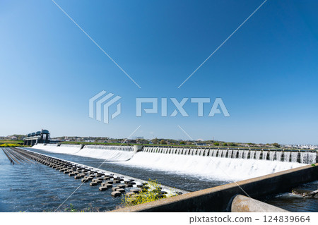 Tama River, the majestic Nigariyakamigawara Weir, spring blue sky, Chofu City, Tokyo 124839664