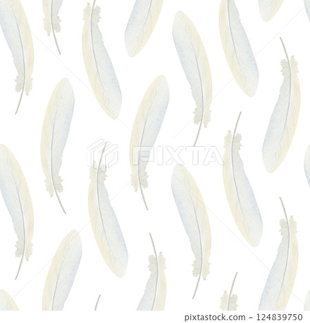 Simple white feathers watercolor seamless pattern. Long goose or chicken plumage repeat background. Monochrome hand drawn bird clip art for Easter designs and bedroom bed linen prints Simple white feathers watercolor seamless pattern. Long goose or chicken plumage repeat background. Monochrome hand drawn bird clip art for Easter designs and bedroom bed linen prints 124839750