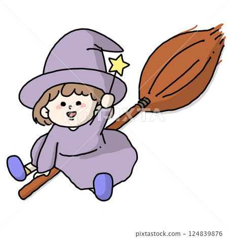 Color illustration of a girl riding a broom 124839876