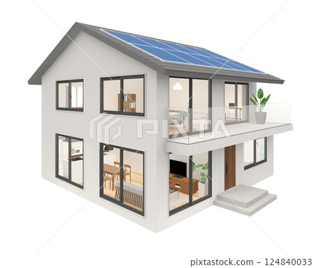 兩層樓房屋的鳥瞰圖 太陽能電池板 124840033