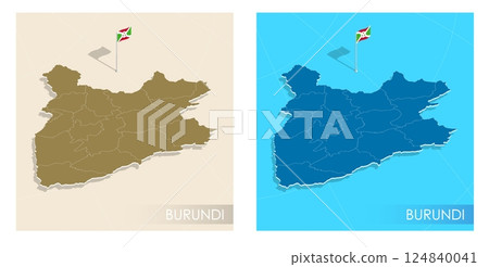 Burundi country flag installed on geographic positioning map point of country territory. Burundi commonwealth banner on land and sea. Festive patriotic HD format template for independence day 124840041