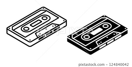Linear icon, old technology magnetic tape audio cassette. Device for recording audio files and music onto magnetic tape. Simple black and white top view vector isolated on white background 124840042