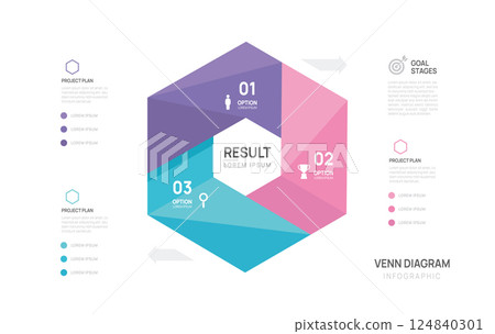 Venn diagram infographic geometric chart template for business start up presentation vector illustration. Venn diagram infographic geometric chart template for business start up presentation vector illustration. 124840301