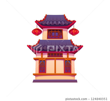 Cartoon Traditional Asian pagoda building with ornate curved roofs, wooden details and red lanterns hanging from the eaves. Vector structure representing Chinese or Japanese architectural heritage Cartoon Traditional Asian pagoda building with ornate curved roofs, wooden details and red lanterns hanging from the eaves. Vector structure representing Chinese or Japanese architectural heritage 124840351