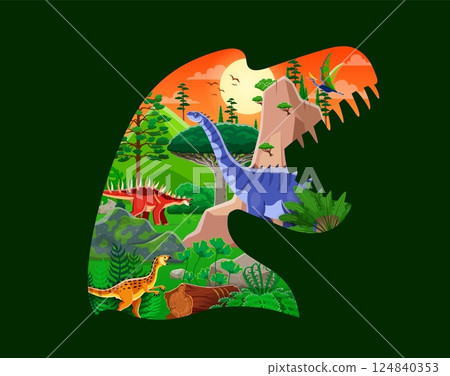 Dinosaur silhouette with prehistoric landscape and Jurassic era lizards, vector banner. Cartoon dino characters, reptiles and dinosaurs in jungle for kids paleontology atlas or dino encyclopedia Dinosaur silhouette with prehistoric landscape and Jurassic era lizards, vector banner. Cartoon dino characters, reptiles and dinosaurs in jungle for kids paleontology atlas or dino encyclopedia 124840353