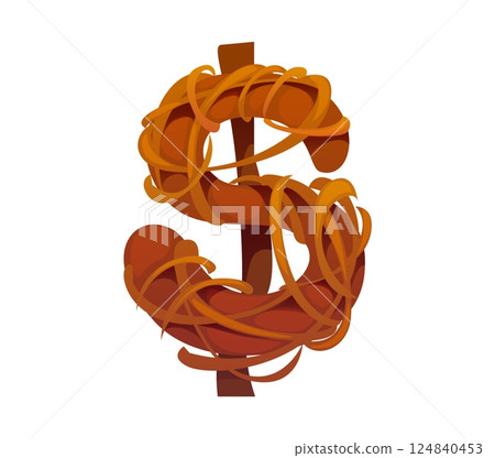 Western cowboy tumbleweed alphabet font typeface punctuation currency dollar sign. Western cowboy font punctuation mark, cartoon vector English alphabet type sign. Wild West ABC typeset element 124840453