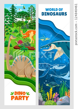 Paper cut banners with funny prehistoric dinosaurs. Paleontology land and ocean dinosaurs vector banners with probactrosaurus, diplodocus, carbonemys and ophthalmosaurus, mosasaurus, liopleurodon 124840461