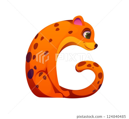 Letter G kids animal alphabet as a cheetah or leopard character with orange fur with dark spots. Funny zoo mascot font, children English typeface, funny type. Cartoon cute abc for children education Letter G kids animal alphabet as a cheetah or leopard character with orange fur with dark spots. Funny zoo mascot font, children English typeface, funny type. Cartoon cute abc for children education 124840485