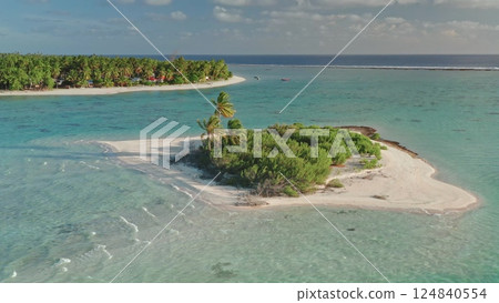 Vivid turquoise coral reef waters surround small, uninhabited island with palm trees, sand shore beach and gentle waves. Serene tropical paradise. Exotic travel getaway background. Aerial static shot 124840554