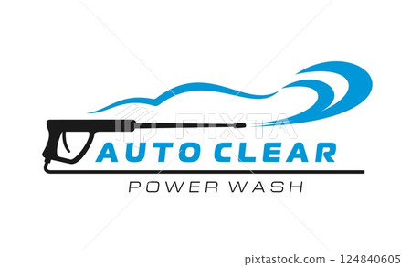 Car washing service icon for auto cleaning with power pressure washer, vector symbol. Car cleaning icon for power washing of automobile vehicles and wash express service with water spray washer gun 124840605