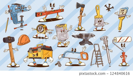 Groovy repair, construction and DIY tools characters of cartoon retro hammer, builder toolbox, ruler, paint, brush and roller. Vector groovy axe, tape measure, bench vice and hacksaw tools characters Groovy repair, construction and DIY tools characters of cartoon retro hammer, builder toolbox, ruler, paint, brush and roller. Vector groovy axe, tape measure, bench vice and hacksaw tools characters 124840616