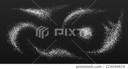 Sugar powder splashes, sweet white crystals swirls and piles set, vector food seasoning. 3d realistic scattered white table beet or granulated cane sugar with grainy textures on transparent background 124840620