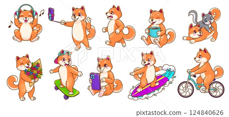 Cartoon cute Shiba Inu dog puppy characters and kawaii pets, vector personages. Japanese Shiba Inu puppy dogs happy playing with kitten cat, drinking coffee or making photo selfie on summer surfboard 124840626