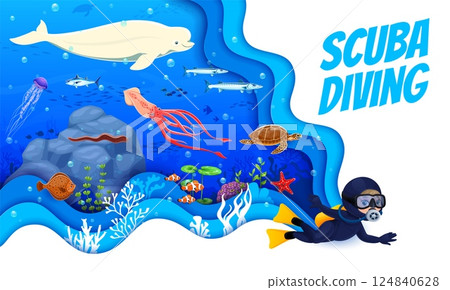 Kid diver on paper cut sea underwater landscape vector banner of scuba diving center. Cartoon boy character diving over underwater landscape, sea animals and fish with 3d paper cut layered borders Kid diver on paper cut sea underwater landscape vector banner of scuba diving center. Cartoon boy character diving over underwater landscape, sea animals and fish with 3d paper cut layered borders 124840628