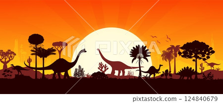 Prehistoric dinosaurs silhouettes at sunset vector background. Jurassic dino animals with prehistoric jungle forest trees and plants, mountains and setting sun on horizon. Extinct dinosaur silhouettes 124840679