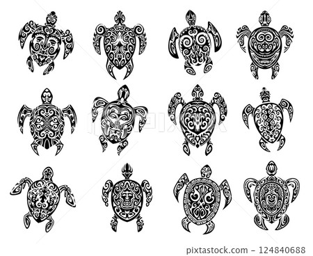 Maori tribal turtle reptile animal tattoo. Isolated vector black tortoise sacral symbolic, ornate, and symmetrical tribal art motifs. Mayan Aztec totem signs represent longevity, wisdom and stability. 124840688