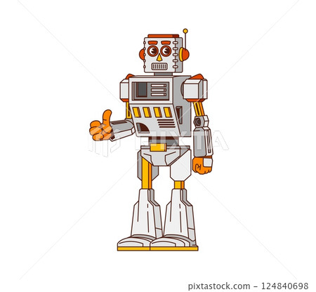 Retro robot and bot groovy funny character. Artificial intelligence cyborg android cute isolated groovy vector character. Alien robot or humanoid droid happy personage or mascot showing thumb up Retro robot and bot groovy funny character. Artificial intelligence cyborg android cute isolated groovy vector character. Alien robot or humanoid droid happy personage or mascot showing thumb up 124840698