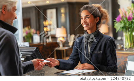 A female hotel receptionist smiling and handing a key card to a guest at upon check-in at the hotel counter in the lobby. Ai generated. 124840722