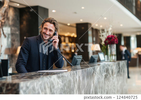 A smiling hotel receptionist making a phone call while working at the hotel counter in the lobby. Ai generated. 124840725
