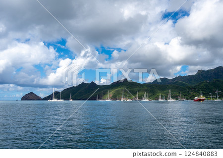 Taiohae Bay with anchored sailboats in Nuku Hiva, Marquesas Islands, French Polynesia 124840883