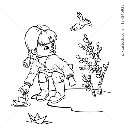 Little girl with pigtails, crouching on the river bank to launch paper boat into the water, was distracted by flying up bird. Signs of spring. Outline illustration for coloring, postcards, embroidery 124840935