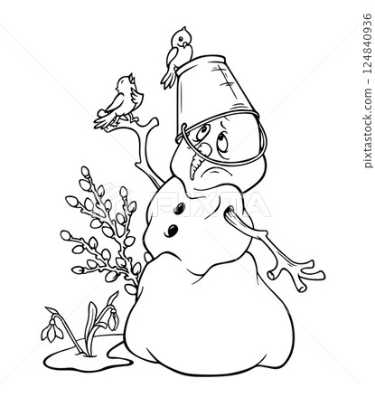 A melting snowman with a bucket on his head sadly looks at a singing bird sitting on his hand. The first days of spring. Hand drawn black and white outline illustration for a coloring book or postcard 124840936