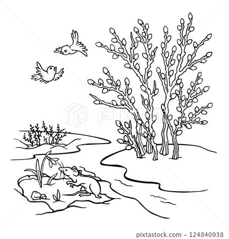 Spring landscape. Hand drawn outline seasonal illustration with melting snow, stream, thawed patch, blooming willow bush, mouse sniffing snowdrop and singing birds. Signs of Spring Coloring Page. Spring landscape. Hand drawn outline seasonal illustration with melting snow, stream, thawed patch, blooming willow bush, mouse sniffing snowdrop and singing birds. Signs of Spring Coloring Page. 124840938