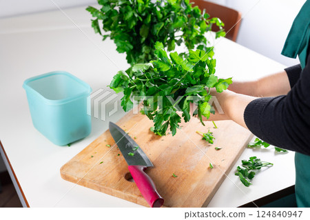 Woman preparing fresh parsley on kitchen table, home cooking and healthy food concept.Preparing parsley for winter storage Woman preparing fresh parsley on kitchen table, home cooking and healthy food concept.Preparing parsley for winter storage 124840947
