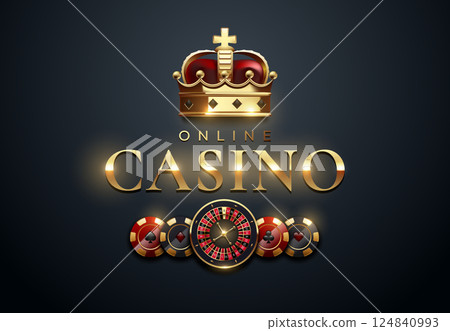 Luxurious casino vector design with a golden crown, roulette wheel, and poker chips on a dark background. Perfect for gambling ads, VIP casino promotions, and high-roller events 124840993