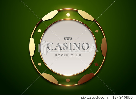 Elegant casino chip design with a golden frame and poker club inscription. Luxurious gambling theme on a deep green background. Ideal for casino branding, poker club advertising, and gaming promotions Elegant casino chip design with a golden frame and poker club inscription. Luxurious gambling theme on a deep green background. Ideal for casino branding, poker club advertising, and gaming promotions 124840996