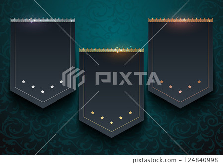 Elegant black luxury banners with gold and silver details on a dark background. Ideal for VIP events, casino branding, award ceremonies, and premium advertising. Blank space for custom text 124840998