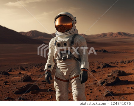 Spaceman standing around atmosphere of Mars Spaceman standing around atmosphere of Mars 124841076