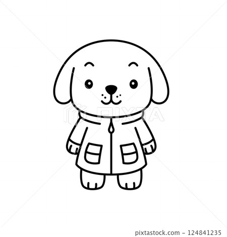 Cute Puppy Little Dog Pet Animal Cartoon Character Wearing Jacket Coat in Line Art Design Cute Puppy Little Dog Pet Animal Cartoon Character Wearing Jacket Coat in Line Art Design 124841235