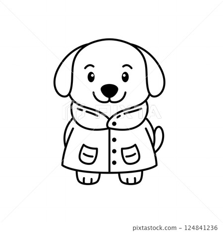 Cute Puppy Little Dog Pet Animal Cartoon Character Wearing Jacket Coat in Line Art Design 124841236